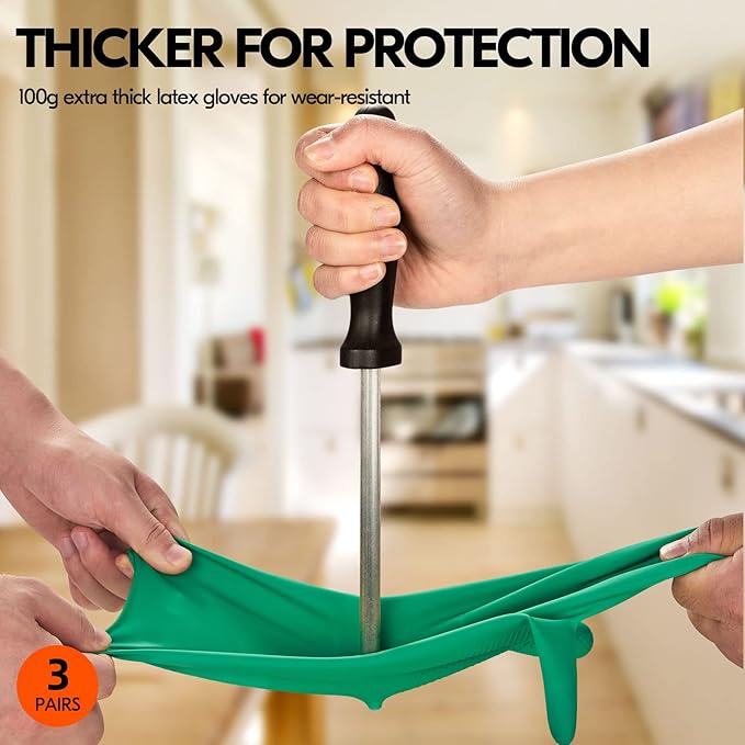 Vgo... 3-Pairs Reusable Household Gloves, Rubber Dishwashing gloves, Extra Thickness, Long Sleeves, Kitchen Cleaning, Working, Painting, Gardening, Pet Care (Size M, Green, HH4601)
