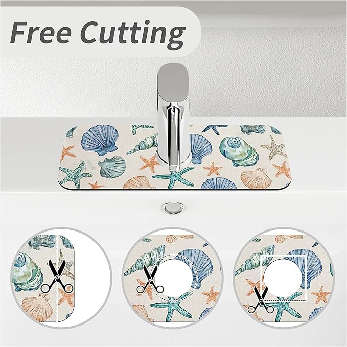 Kitchen Sink Splash Guard，Watercolor seashell and starfish Faucet Mat Sink Gadgets-Super Absorbent Fast Drying Mat Drip Catcher for Kitchen, Bathroom,Sink Mat, Dish Drying Mat, Bathroom(15" X 5.5" )
