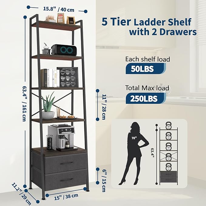 Whitmor 5-Tier Bookshelf with 2 Drawers, Narrow Modern Display Bookcase with Wood Shelves & Metal Frame, Freestanding Storage Rack for Living Room, Bedroom, Bathroom, Home Office, Black