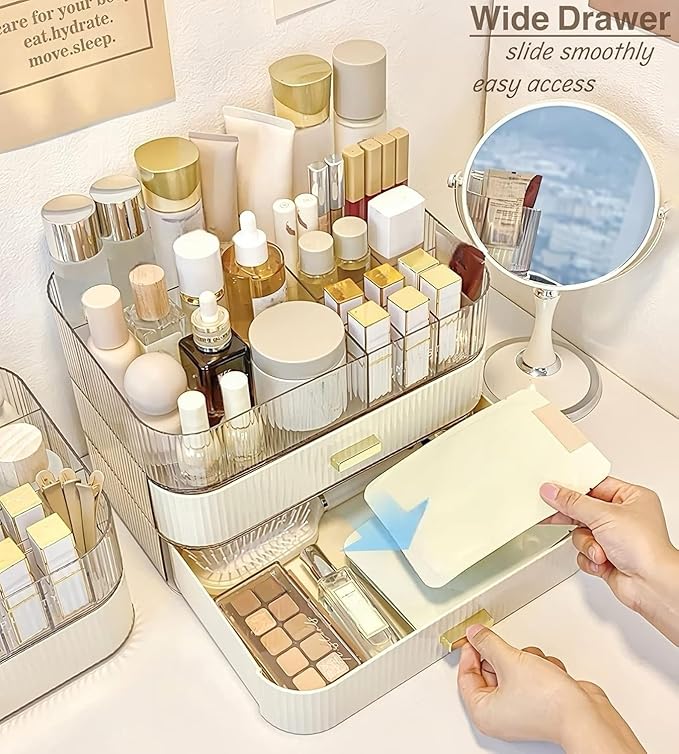 Decorcode Makeup Organizer with Stackable Drawers, Bathroom Countertop Vanity Organizers and Storage, Ideal for Desk and Dresser, Great for Cosmetics, skin Care, Lipsticks, Nail Care -Cream White