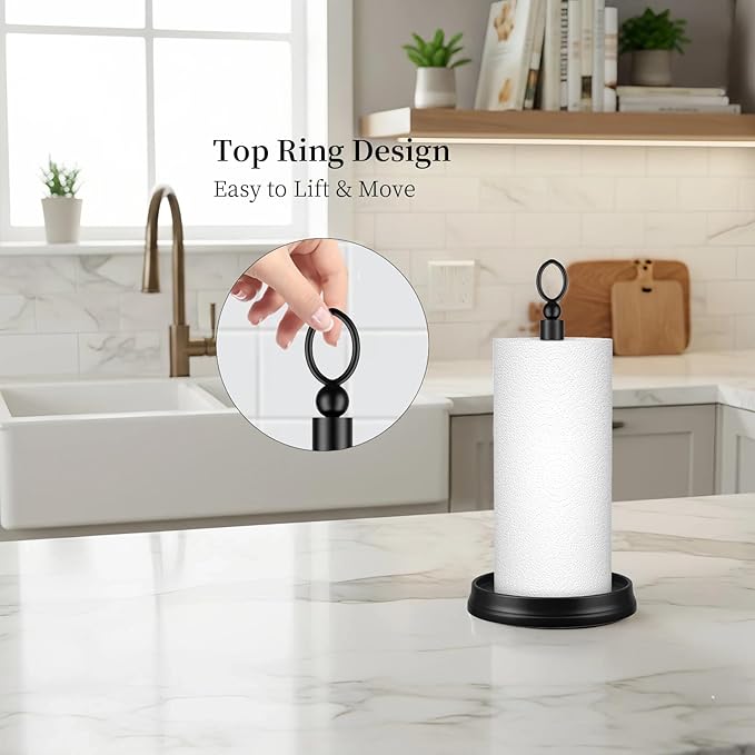KASUNTO Paper Towel Holder (with Heavy Weighted Base) Steel Paper Holder countertop，Black Paper Towel Holder for Kitchen Countertops, Bars & Dining Tables,Fits Standard & Jumbo Rolls, Matte Black
