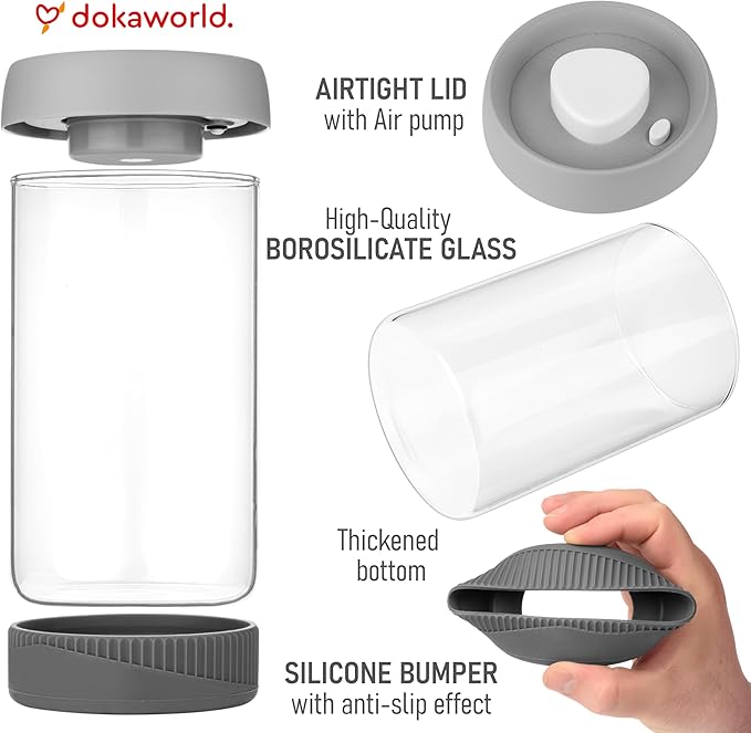 dokaworld Glass Canisters Set - Kitchen Leakproof Seal Food Storage Jars - Coffee Bean Container - Pack of 5 Glass Canisters With Vacuum Airtight Lids for Cereal, Pet Treats, Nuts, Candy