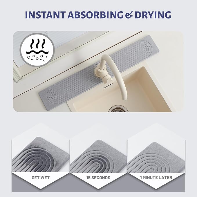Stone Faucet Mat for Kitchen Sink，Super Absorbent Diatomite Fast Drying Stone and Bathroom Stone Tray for Counter Quick Drying Splash Guard,Prevents Moisture Buildup Sink(Grey,23.6" x 3.9")