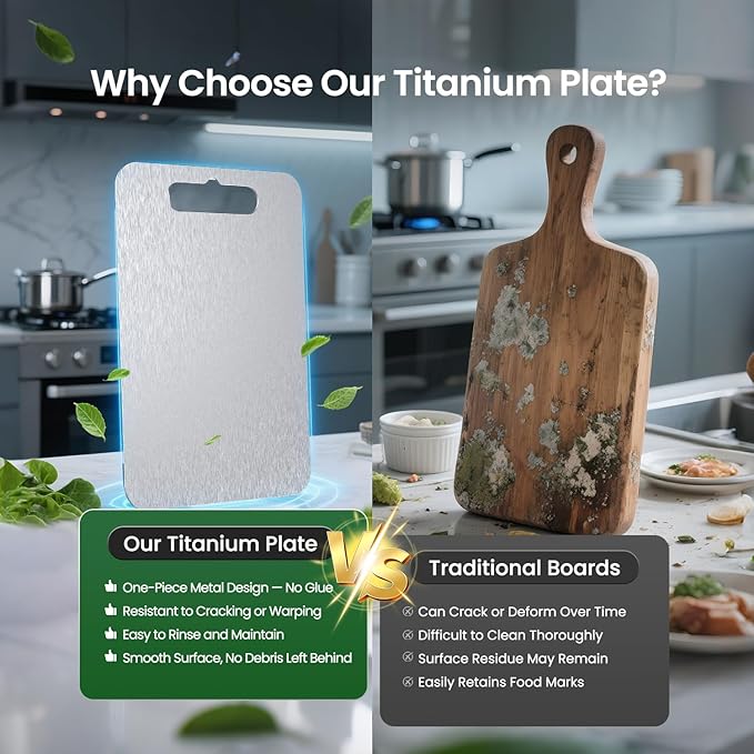 Titanium Cutting Board 6" × 9.5", 100% Pure Titanium Kitchen Cutting Board, Double-Sided Metal Chopping Board for Meat, Fruits & Vegetables, Lightweight, Durable & Dishwasher Safe