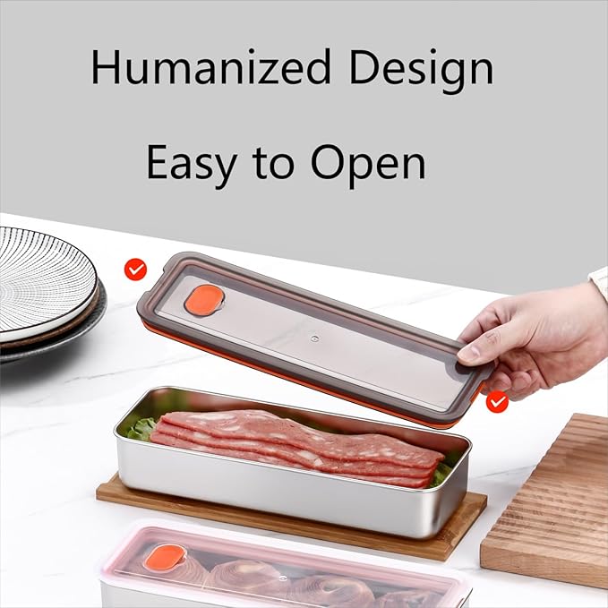 2Pack Food Storage Container,Deli Meat Container with Lid,Bacon Container for Refrigerator,304 Stainless Steel Bacon Storager,Cheese Holder for Fridge,Dishwasher Safe Fruit Storage Containers