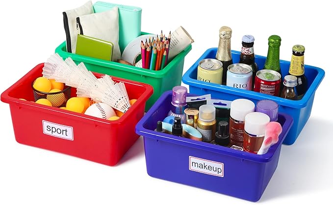 Outus 36 Pcs Plastic Cubby Bins Bulk for Classroom Organization Small Stackable Book Bins Toy Storage Tubs Box Container Organizer with 120 Self Adhesive Label for Library School Office Home, 6 Colors