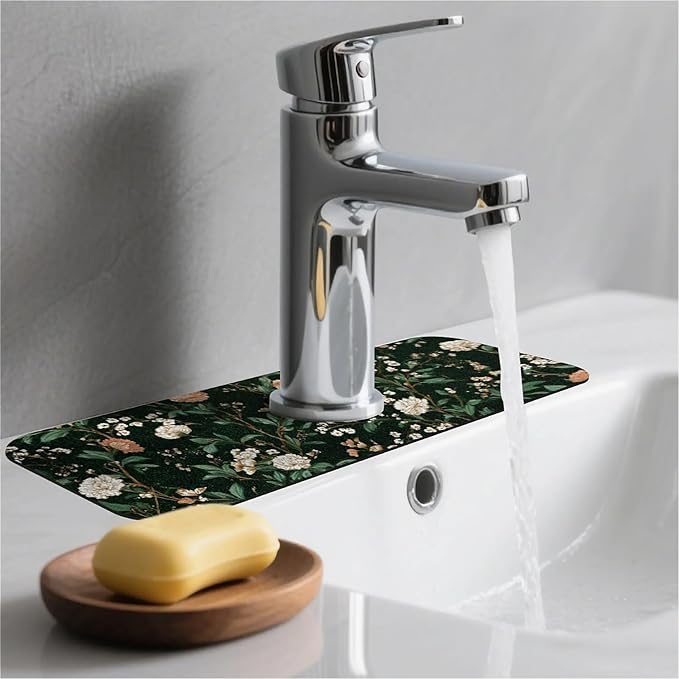 Kitchen Sink Splash Guard，dark green Garden Faucet Mat Sink Gadgets-Super Absorbent Fast Drying Mat Drip Catcher for Kitchen, Bathroom,Sink Mat, Dish Drying Mat, Bathroom(15" X 5.5" )