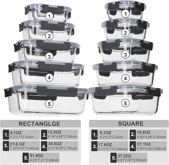 Glass Food Storage Containers with Lids Airtight, Glass Meal Prep Containers for Lunch Food, Container Set, Easy to Open& Close/Microwave,Oven,Freezer,Dishwasher Safe/Leak-Proof（20 Pieces）
