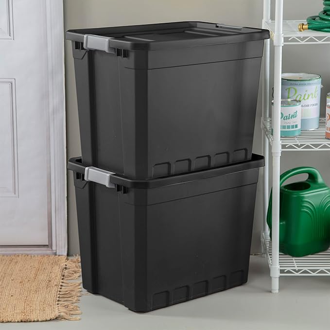 Sterilite 4-Pack Plastic Storage Bins with Lids, Stackable Containers, 27 Gallon, Black