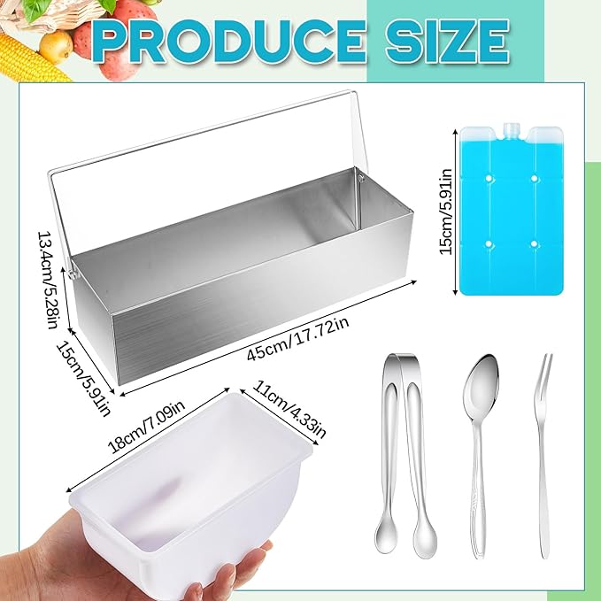 Mifoci 1 Pack Stainless Steel Chilled Condiment Server 6 Removable Slot Toppings Containers with Lid and Bottom Ice Bar Garnish Tray with 9 Silverwares 4 Ice Boxes for Christmas Party, Events and Bar