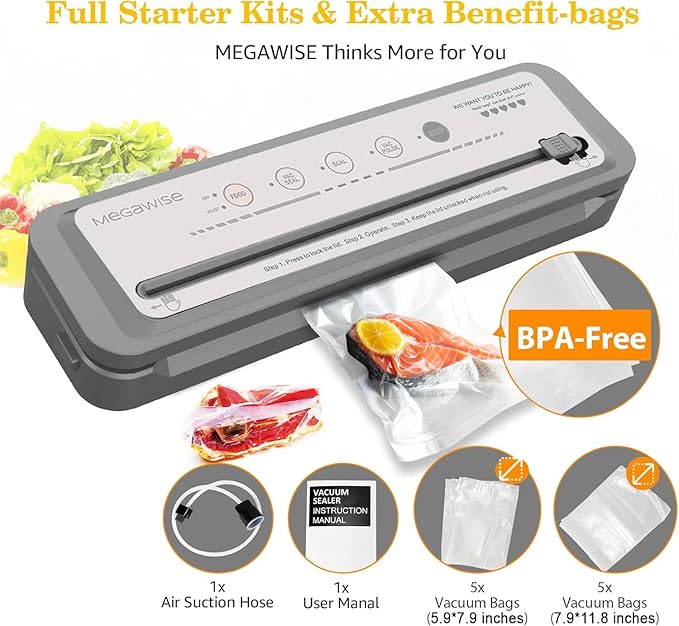 MEGAWISE Vacuum Sealer Machine 2025, 80kPa High Suction Power, One-Touch Operation, Built-in Cutter, Compact Design with Starter Bags – Food Vacuum Sealer for Dry & Moist Foods (Silver)