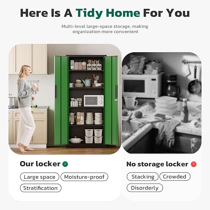Greenvelly Metal Cabinet, 63”Tall Kitchen Pantry Storage Cabinets with 2 Lock Doors and 4 Adjustable Shelves,Black Green Kitchen Cabinet Storage for Dinning Room,Garage,Office