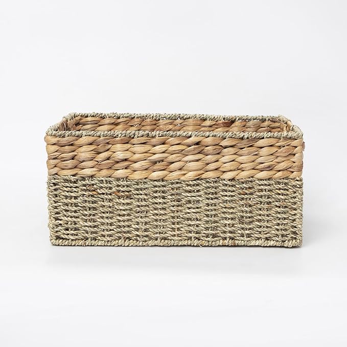 YAHUAN Natural Water Hyacinth & Seagrass Woven Storage Baskets – Wicker Storage Basket Organizer Bins with Handles for Home & Office Pantry Shelf (Large)