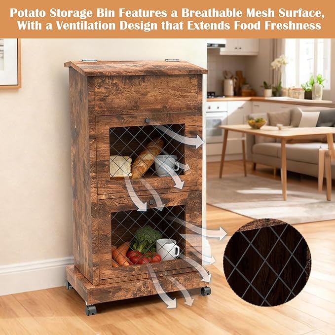 Potato and Onion Storage Bin Wooden Potato Storage Cabinets with Mesh Doors Vegetable Storage Bread Box with Lid Movable Fruit Basket with Wheels Decorative Vegetable Organization Cabinet for Kitchen