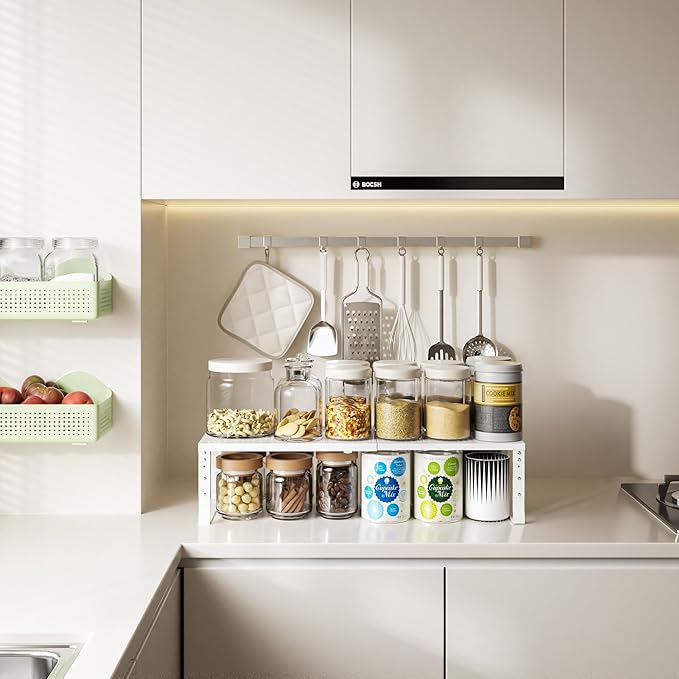 Wobmmi Expandable,Adjustable & Stackable Spice Rack, Cabinet Kitchen Countertop Shelf Organizer,Metal Pantry Storage Shelves - Space-Saving Storage Solution(1Pack/White/Medium)
