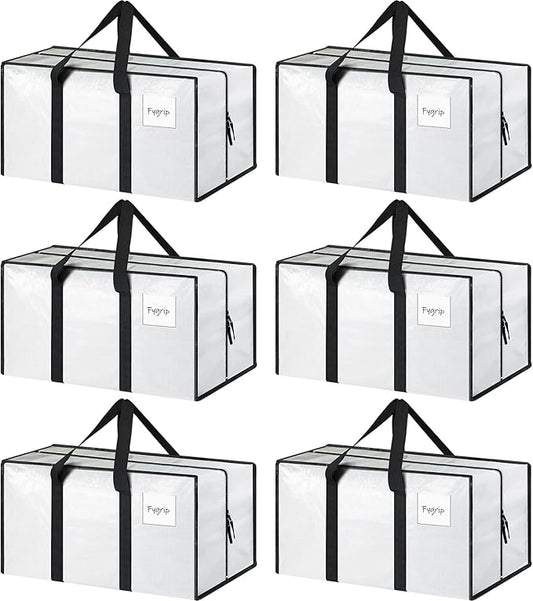6 Pack Extra Heavy Duty Large Moving Bags with Strong Zipper & Comfortable Handles, Sturdy & Durable Clothes Storage Bags Totes Bins, Packing Moving Boxes for College Supplies, White