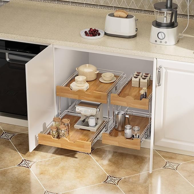 OCG Pull Out Cabinet Organizer 11" W x 21" D, 2 Tier Slide Out Shelf, Heavy-Duty Pull Out Drawer for Cabinets, Base Cabinet Organization for Kitchen, Pantry, Bathroom