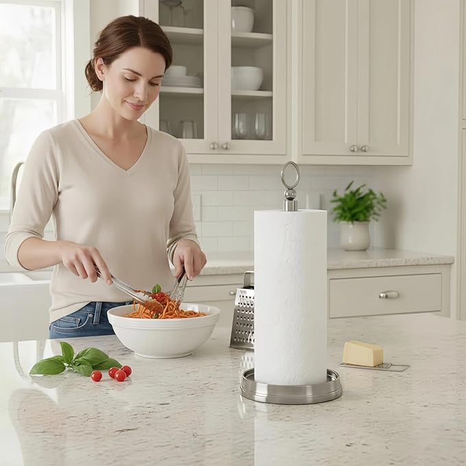 KASUNTO Paper Towel Holder With Heavy Weighted Base - Steel Countertop Stand for Kitchen, Bars & Dining Tables - Fits Standard & Jumbo Rolls - Brushed Nickel