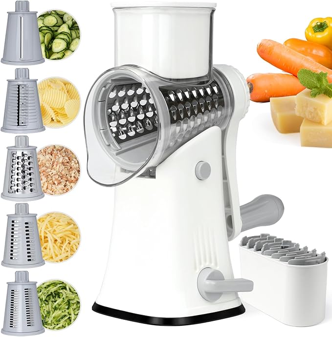 REDPANT 5 in 1 Rotary Cheese Grater, Manual Hand Crank Cheese Grater With Reinforced Suction & 5 Interchangeable Blades, Multifunctional Cheese Shredder, Easy to Use and Clean, White