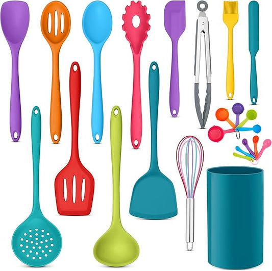 E-far Silicone Cooking Utensils Set, 24Pcs Heat Resistant Kitchen Utensil with Holder, Silicone Kitchen Tools with Spatula Turner Spoon Tongs Whisk, Non-Toxic & Dishwasher Safe (Colorful)