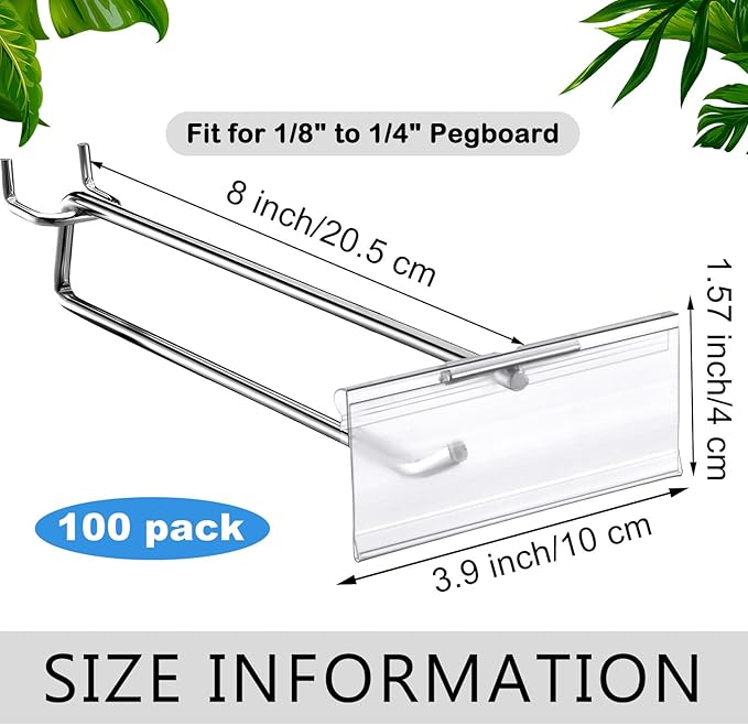 Thyle 100 Pcs Metal Scan Hook with Label Holder for 1/8" to 1/4" Pegboard, Peg Board Hooks with Price Tag, Pegboard Wall Accessories, Metal Hooks for Home Garage Retail Display Supplies (8 Inch)