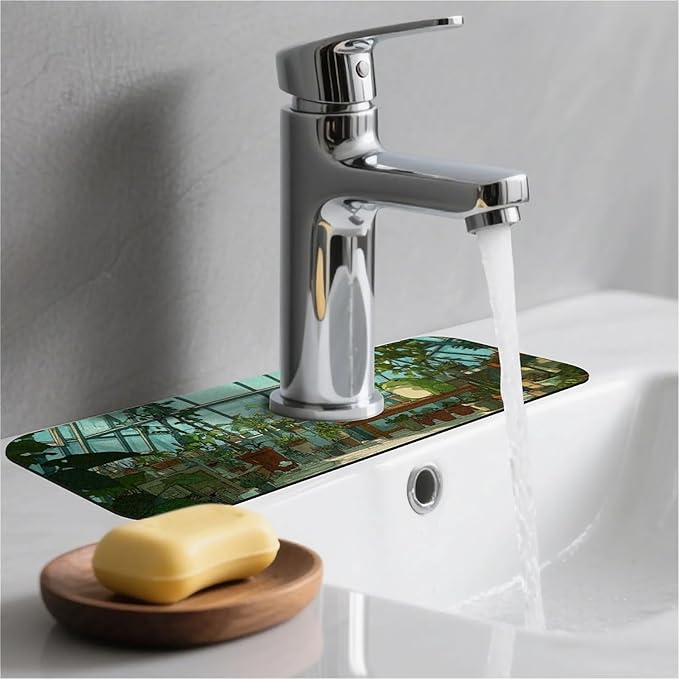 Kitchen Sink Splash Guard，cute cartoon frogs plants Faucet Mat Sink Gadgets-Super Absorbent Fast Drying Mat Drip Catcher for Kitchen, Bathroom,Sink Mat, Dish Drying Mat, Bathroom(15" X 5.5" )
