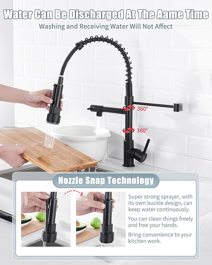Kitchen Faucet with Soap Dispenser, Single Handle Spring Kitchen Sink Faucets with Pull Down Sprayer and Deck Plate,Black Faucet for Camper Farmhouse RV Kitchen Sink,Dual Function Spray Head