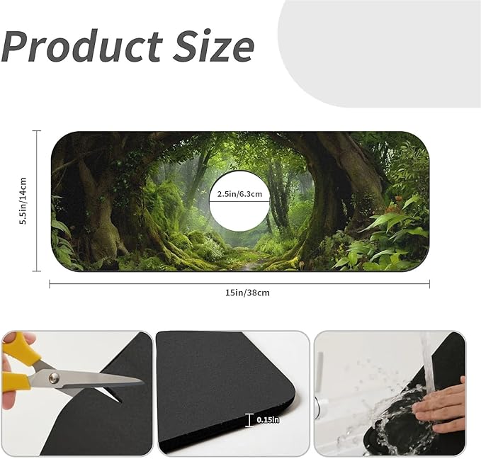 Kitchen Sink Splash Guard，lush green forest Faucet Mat Sink Gadgets-Super Absorbent Fast Drying Mat Drip Catcher for Kitchen, Bathroom,Sink Mat, Dish Drying Mat, Bathroom(15" X 5.5" )