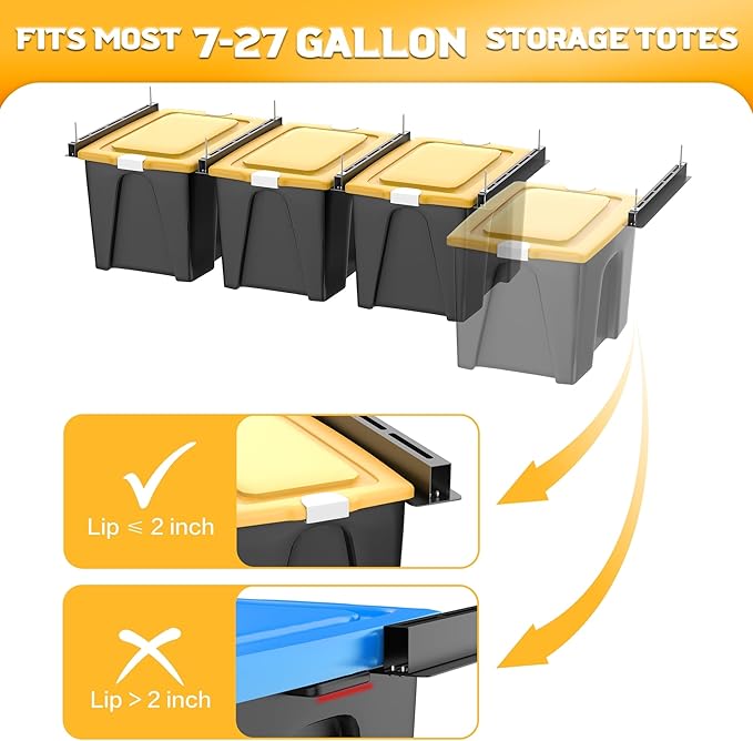 WALMANN Overhead Tote Storage Rails, Heavy Duty Garage Ceiling Bin Storage Rack Adjustable Garage Tote Slide Rail(5 Pack for 4 Bins, Bins Are Not Included)