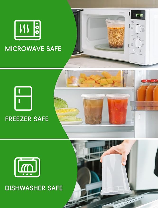 UMT Plastar 50 Pack 32 oz Plastic Food Containers with Lids BPA Free Stackable Leakproof Deli Containers for Meal Prep Slime Soup Microwave Freezer Dishwasher Safe