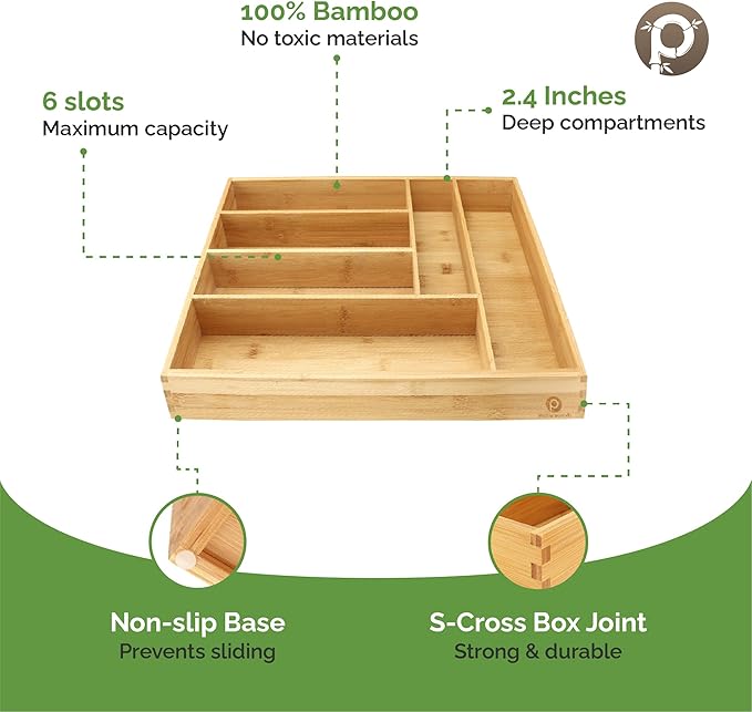 Pristine Bamboo silverware tray organizer– Flatware Utensil Cutlery Silverware Holder for Drawer – Small Extra-Deep Wooden Kitchen Drawer Organizer Divider for Spoons Forks Knives cutleries (6-Slots)