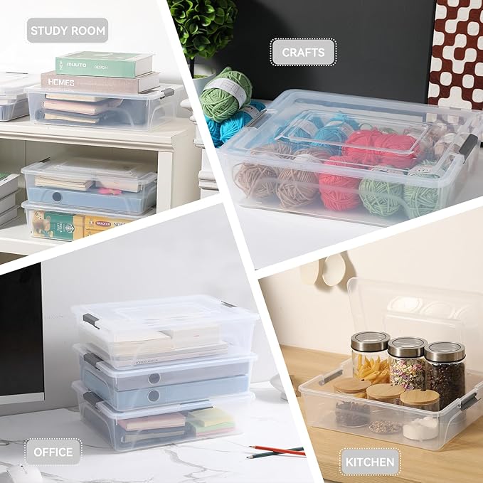 novelinks Clear Stackable Storage Bins with lid Storage Boxes Durable Plastic Organizer Containers for Home Office, Kitchen, Craft Supplies (10 Quart 4 Pack)