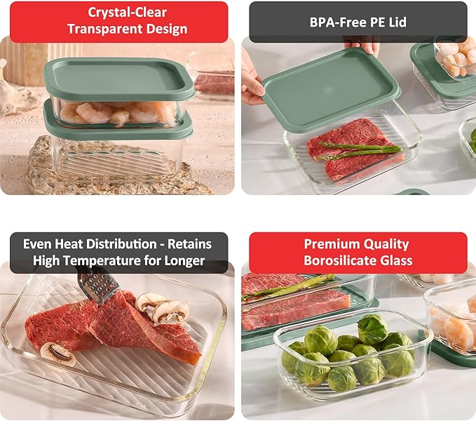 EATEX 7 Pack Glass Meal Prep Containers with Grooved Base, 7 Stackable BPA Free Glass Storage Containers with Lids for Lunch, Pantry, and Kitchen - Microwave, Dishwasher Freezer & Oven Safe - Sage