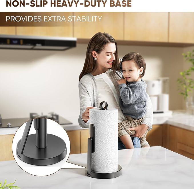 theaoo Heavy-Duty Stainless Steel Paper Towel Holder with Tension Arm – Easy One-Handed Tear, Modern Standing Countertop Dispenser for Kitchen, Holds All Paper Towel Rolls (1, Black)