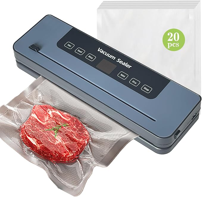 Vacuum Sealer for Food, Compact Food Saver Machine with 65kPa Suction, One-Touch Operation, Built-in Cutter, Includes 20 Vacuum Bags, Easy-to-Clean, Ideal for Meat, Vegetables, Sous Vide