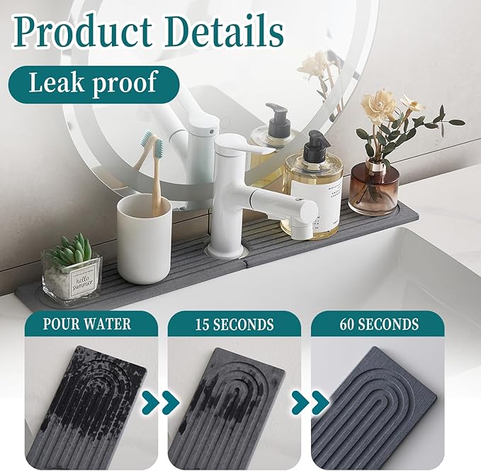 23.6 Inch Water-Absorbing Stone Faucet Mat for Kitchen Sink Bathroom Counter，Dark Grey Diatomite Drying Stone Mat, Sink Stone Tray Protector,Prevent Moisture Sink Splash Guard