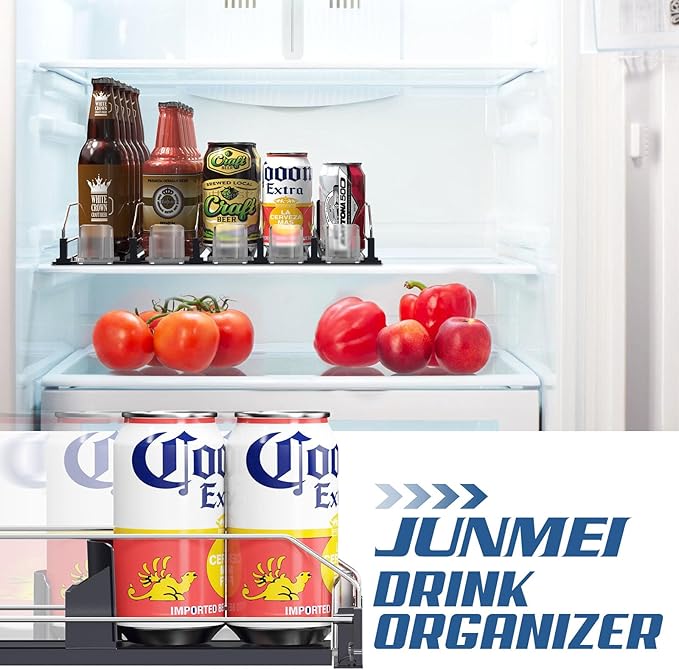 Drink Organizer for Fridge,12oz 16oz 20oz - Soda Can Dispenser for Refrigerator,Width Adjustable,Automatic Pusher Glide (Black, 15"D 4ROW, Holds 20 Cans)