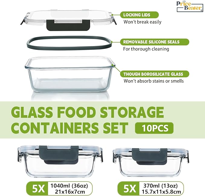 Glass Food Storage Containers with Lids – 10 Pack (2 Sizes: 1050ml & 370ml) | Airtight, Reusable Lunch Boxes, Leakproof, BPA-Free Meal Prep Containers for Kitchen,Dishwasher & Microwave