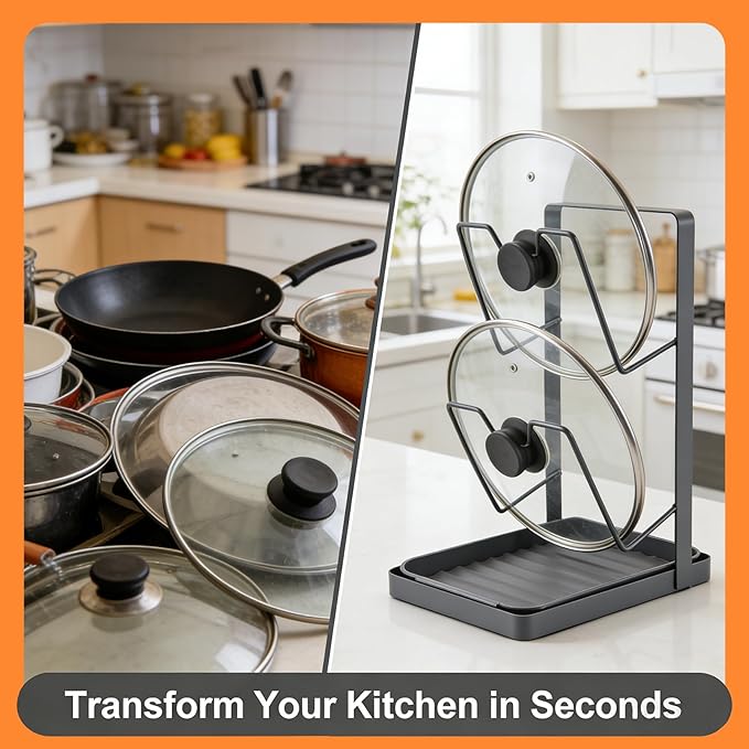 90S Multifunctional Pot Lid Organizer for Countertop -RustProof Metal Pot Cover Rack with Removable Drip Tray, Vertical Drying Stand for Cutting Boards, Spoons, and Lids, Heat Resistant, Gray