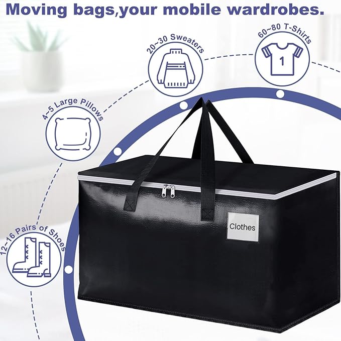 StorageRight Heavy Duty Moving Boxes-Moving Bags with Zipper, Reinforced Handles and Tag Pocket-Collapsible Moving Supplies-Totes for Storage Great for moving, Storage and Travel 93L(Black-8 Pack)