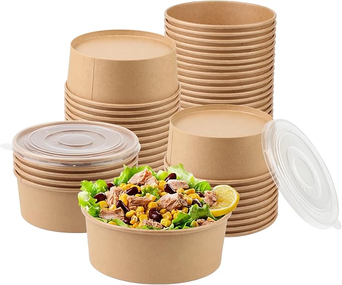 Belinlen 36oz 50 Sets Large Kraft Paper Bowls with Lids, Disposable Bowls with Lids, Paper Salad Bowls, Paper Food Container with Lid Perfect for Hot/Cold Food, Soup, Salad, Ice Cream
