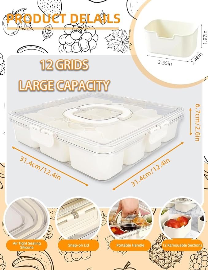 Snackle Box Container, 12 Compartment Divided Serving Tray with Lid, Sorting Portable Party Trays Clear Organizer with Locking Lid Handle for Beach Vacation, Party, Picn