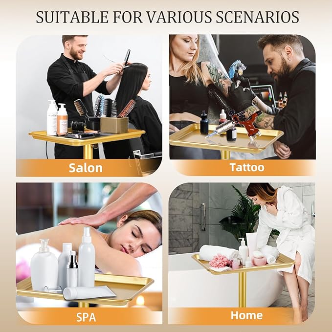 Salon Tray on Wheels Tattoo Rolling Tray Salon Service Cart Height Adjustble Hair Service Color Tray Gold