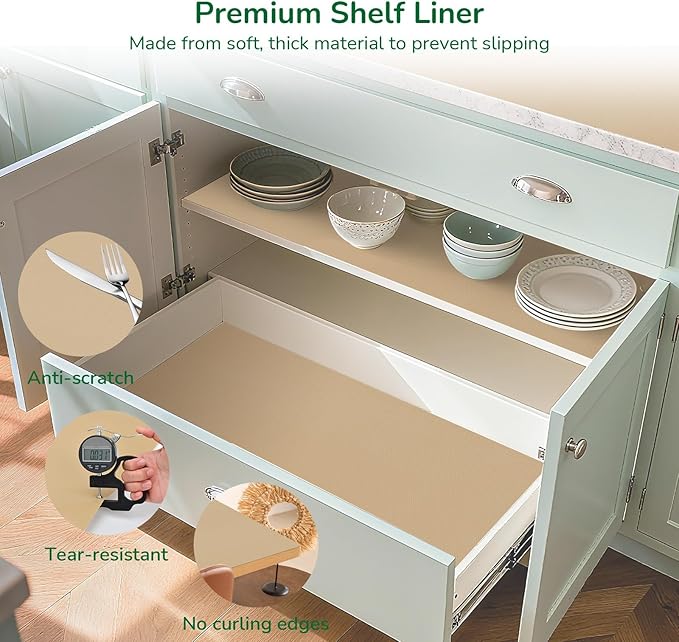 Drawer and Shelf Liner for Kitchen, Non-Slip Non-Adhesive Cabinet Liners for Cupboard, Dresser, Shelves, Tool Box, Pantry, Thickened Easy Install, Strong Grip, 17.5In x 20FT, Beige