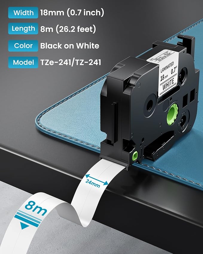 TZe-241 TZe241 Replacement for Brother P Touch Label Maker Tape 18mm TZe TZ Tape 18mm 0.7 Inch Laminated White, Compatible with PT-D410 PT-D400 PT-D460BT PT-D600 PT-D610BT PT-P700, 3/4 Inch, 4-Pack