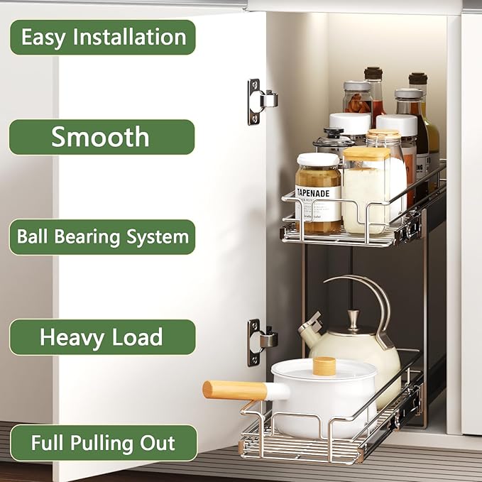 MODCART 2 Tier Individual Pull Out Cabinet Organizer 5½" W x 21½" D, Heavy Duty Cabinet Pull Out Shelves, Slide Out Drawers Organization for Kitchen Cabinets Bathroom