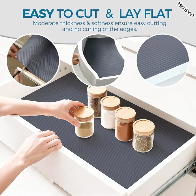 Hersvin Shelf Liners 24 in x 20 ft EVA Drawer Mats, Non-Adhesive Cupboard Pad, Kitchen Cabinet Lining Fridge Cushion (Gray Stripe, 61x610cm)