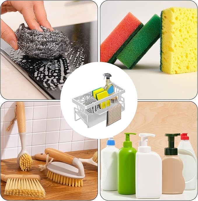 kitchen sink caddy, dish sink sponge holder (With rod-white)