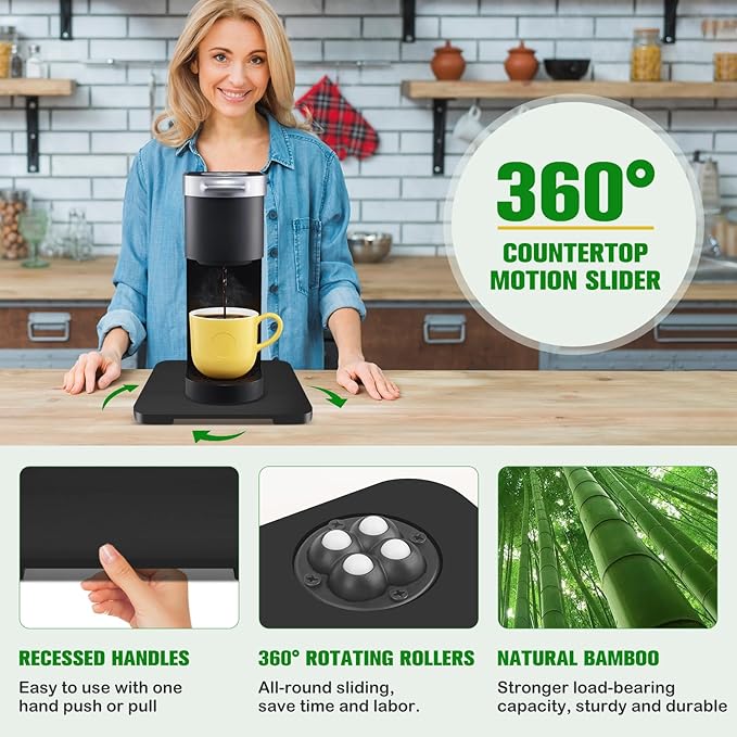 Appliance Slider 360° Rolling Tray for Coffee Maker Bamboo Coffee Pot Slider Tray Countertop Rotation Sliding Tray with Wheels, Small Appliances Mat Black (Small 11.8" × 9.8" × 0.6")