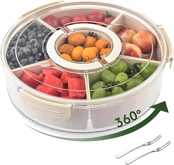Rotating Snack Box Container for Parties, Veggie Tray with Lid, Divided Serving Tray for Fruit, Large Rotating Tray with Lid for Kids and Fridge Storage (10" Rotating snackle Box)
